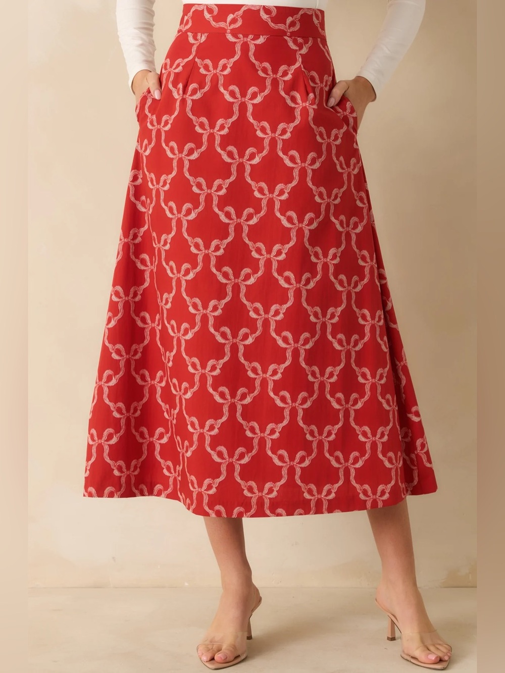 PROSPERINA RIVER RED COTTON BOW PRINT MIDI SKIRT- small